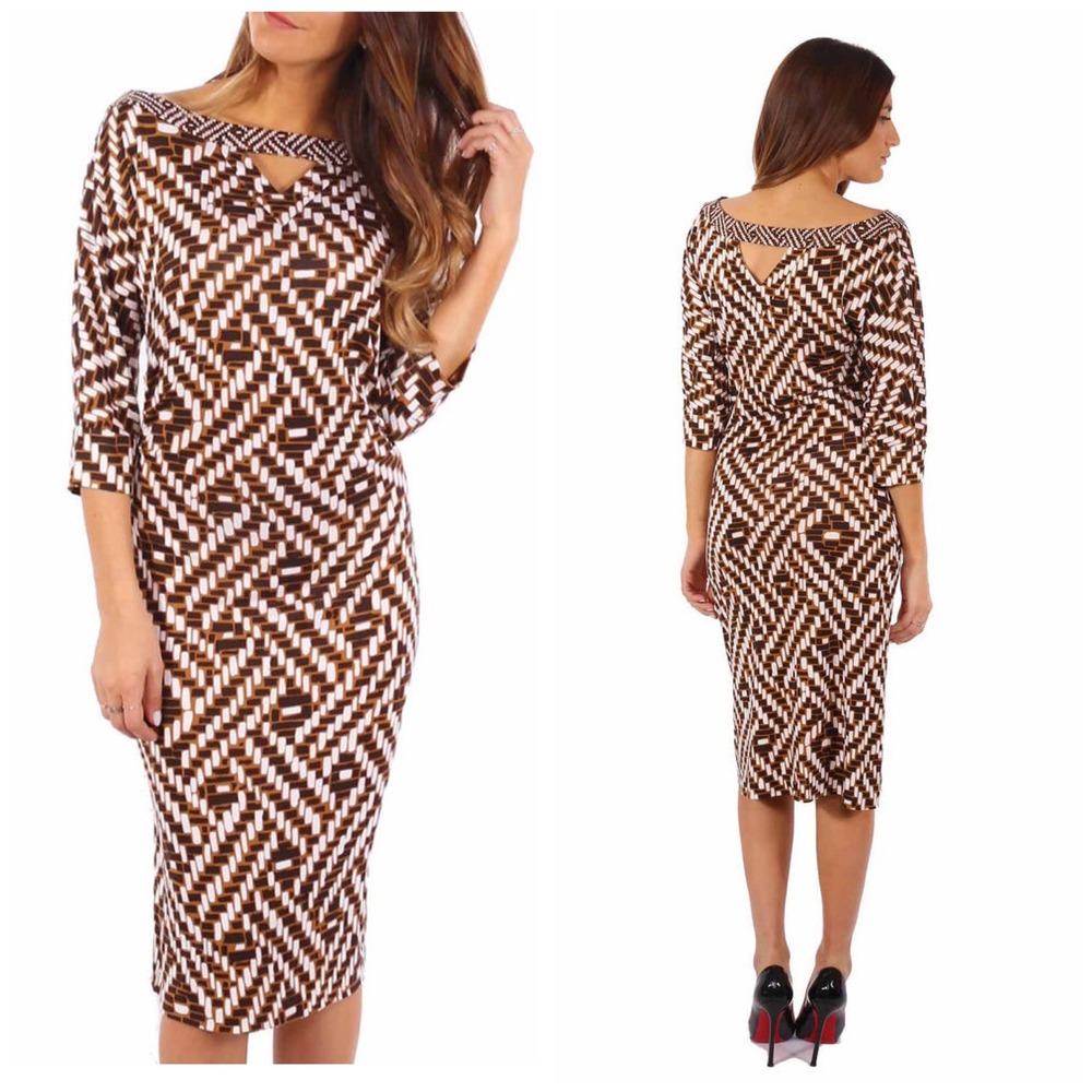 Diane von Furstenberg DVF Brown White Geometric Silk Jersey Sheath Dress Size 10